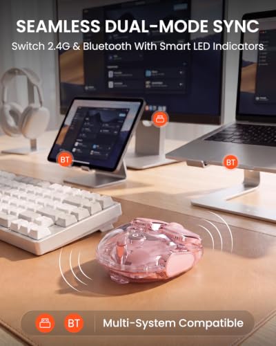 Eweadn Q9 Wireless Clear Mouse Dual Mode Bluetooth & 2.4G Usb Computer Mouse With Rgb Lighting, Silent Clicks, Multi-Device Compatibility For Laptop, Pc, Macbook, Ipad Cute Mouse-Pink