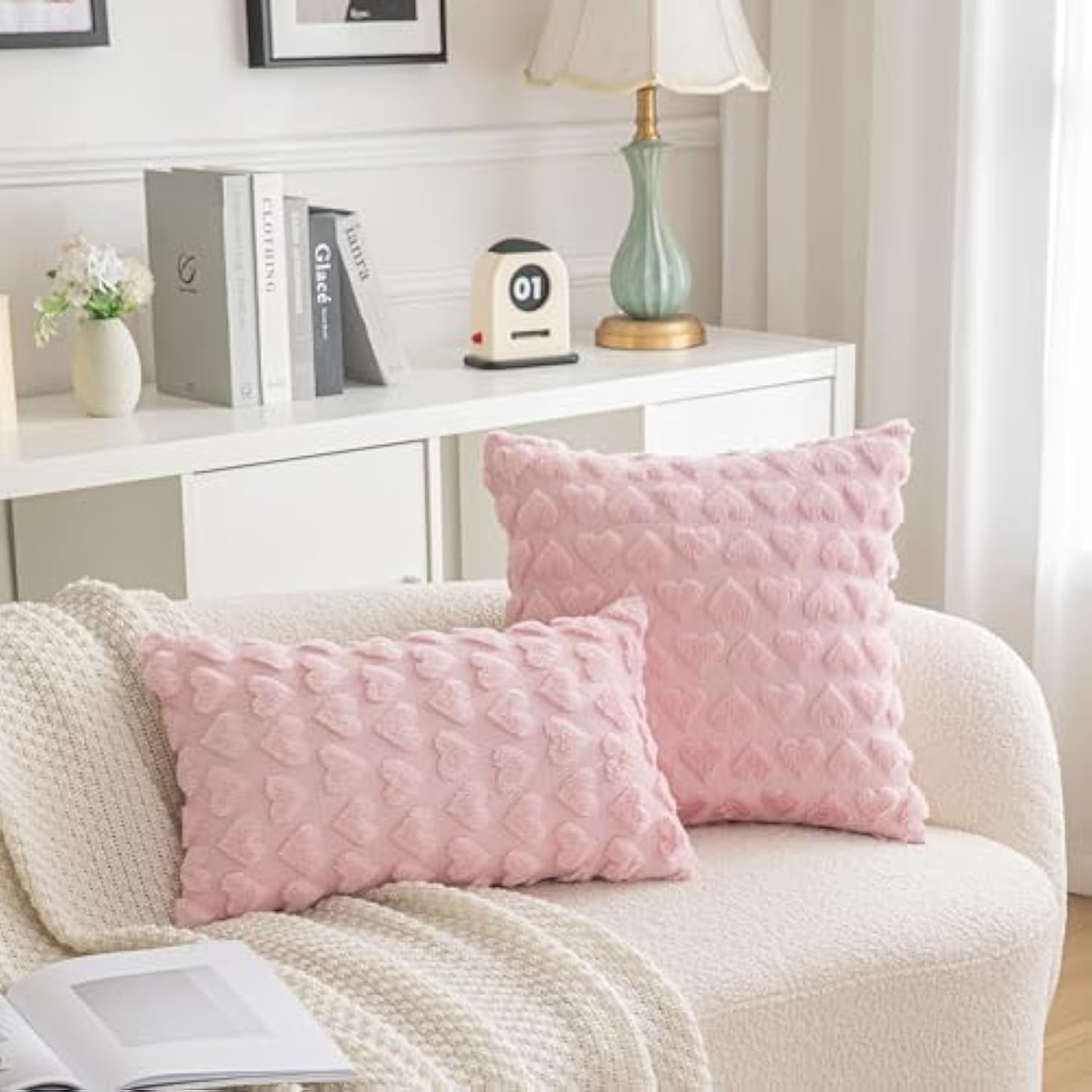 Set Of 2 Heart Love Cute Pink Decorative Valentines Throw Pillow Covers 18X18, Soft Plush Faux Fur Pillow Covers For Couch Sofa Home Valentines Day Decoration
