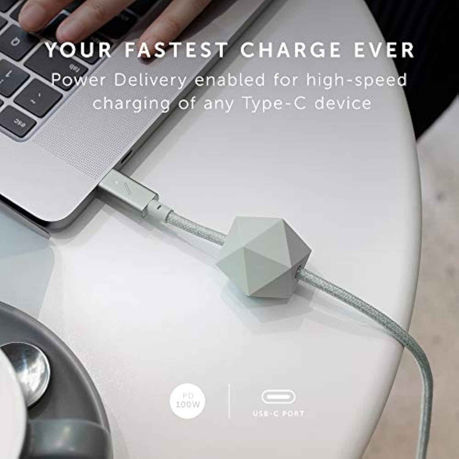 Native Union Type-C Desk Cable – USB-C to USB-C 8ft Ultra-Strong Non-Slip Charging Cable with Anchor Weight Compatible with iPhone Air, 17, MacBooks, Surface Go 4, iPad Pro & Air (Sage)