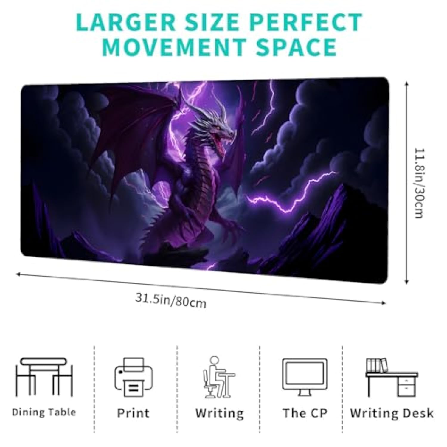 Purple Lightning Dragon Gaming Mouse Pad,12X31.5In Non-Slip Rubber Cool Animal Desk Mat,Large Extended Mousepad For Office Home Laptop,Fun Mice Pads Gifts,Game Lover Deskmat Decor