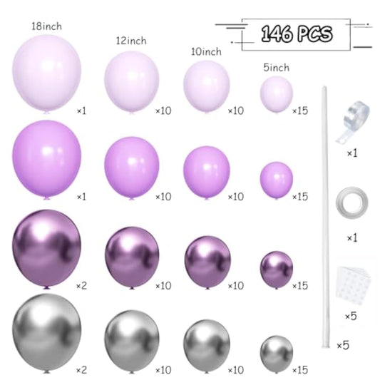 Grey Violet Maca Purple Silver Balloons Garland Arch Kit, 146Pcs Latex Balloons Different Sizes 18 12 10 5 Inch For Party Decoration Birthday Wedding Engagements Anniversary Baby Shower
