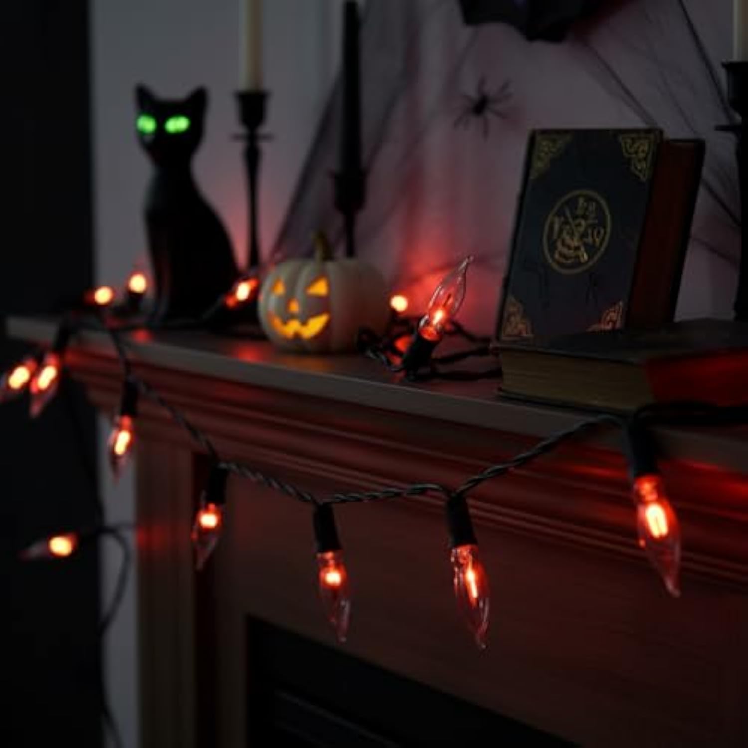 10Ft Flickering Flame String Lights With 10 C18 Flicker Amber Flame Lights Bulbs, E12 Candlestick Base Christmas String