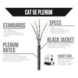 Cat5E Plenum (Cmp), 1000Ft, Black - Solid Bare Copper Bulk Ethernet Cable - Ut