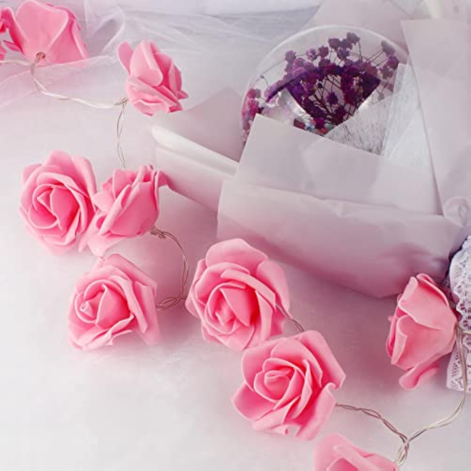 Rose Flower String Lights,2M 20Led Battery Operated Romantic String Lights Bright Warm Flower Rose Lamp Fairy Light For