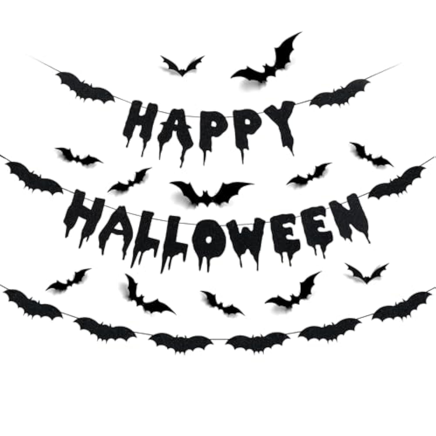 Black Glitter Happy Halloween Banner Bat Garland Wall Decals Haunted House Decor