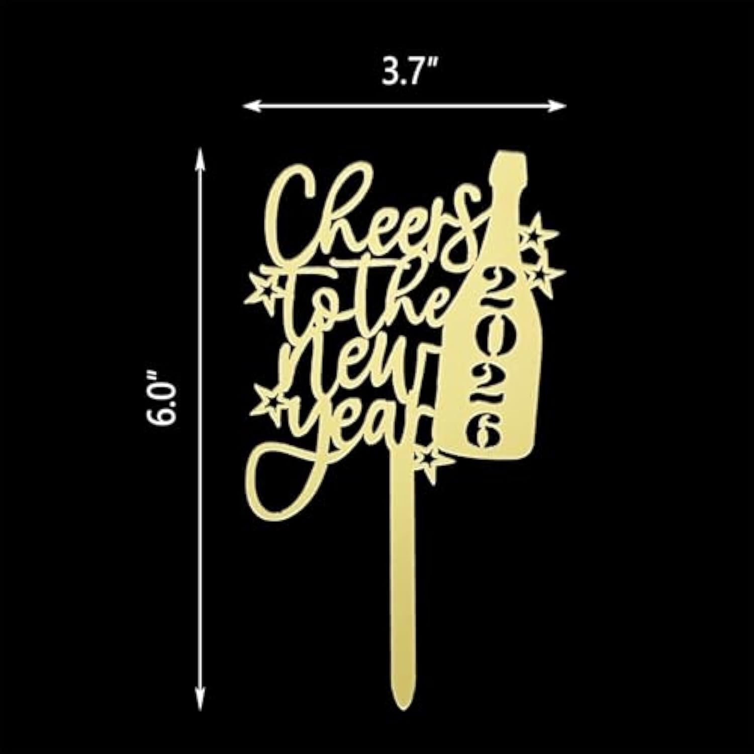 Cheers to New Year 2026 Cake Topper Mirror Gold Acrylic Champagne Stars