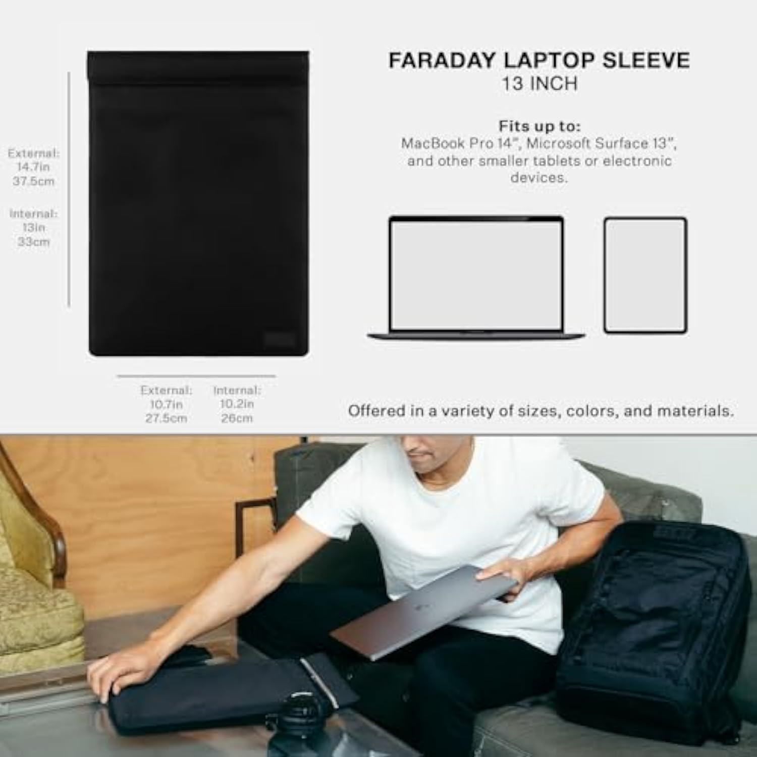 SLNT Weatherproof Nylon Faraday Bag with Silent Pocket - Signal Blocking Device Vertical Sleeve for 13" Laptops & Tablets - Blocks RFID, WiFi, Bluetooth, NFC, Cellular, GPS, EMF (Black Nylon, 13 in)
