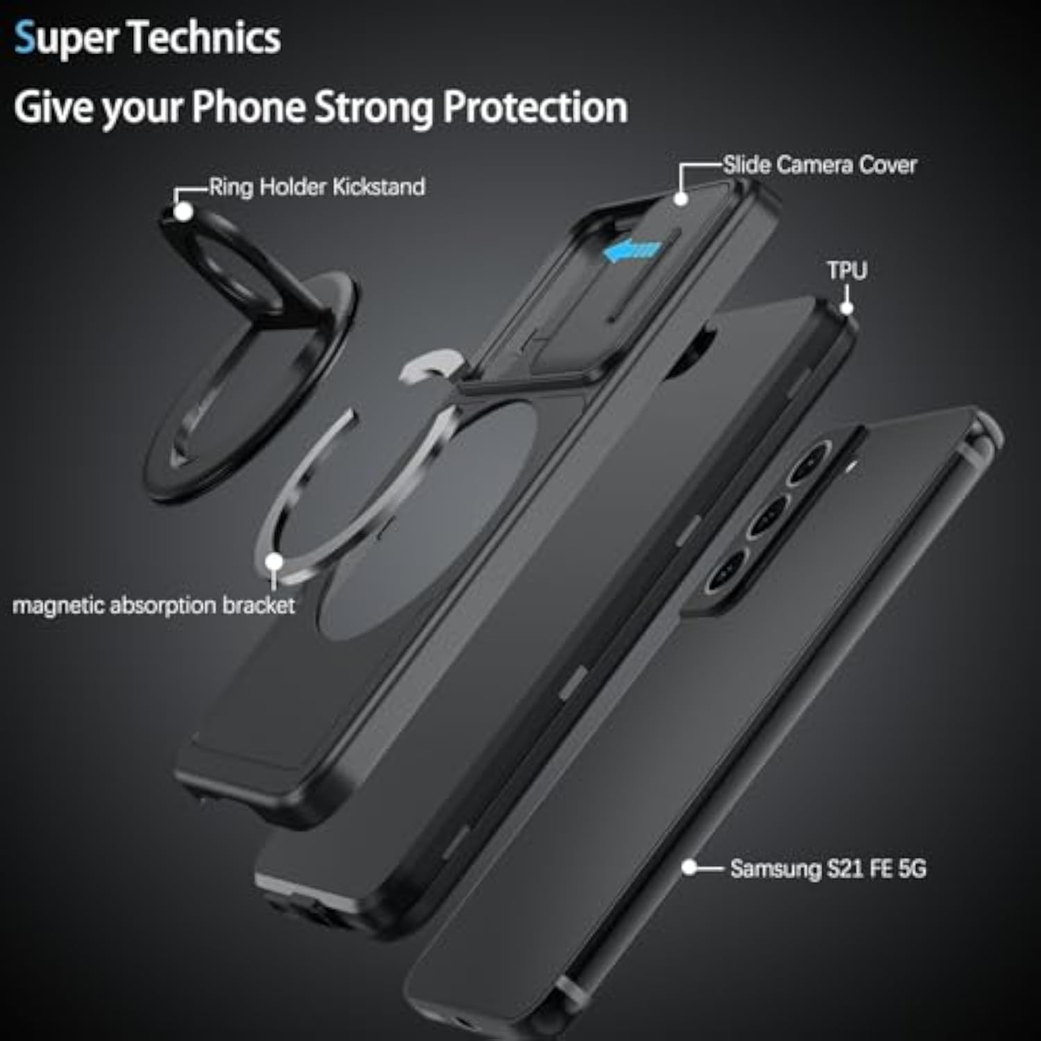 Magnetic Phone Case for Samsung Galaxy S21 FE 5G, Heavy Duty Protective Kickstand Cover with Built-in Slide Camera, Black