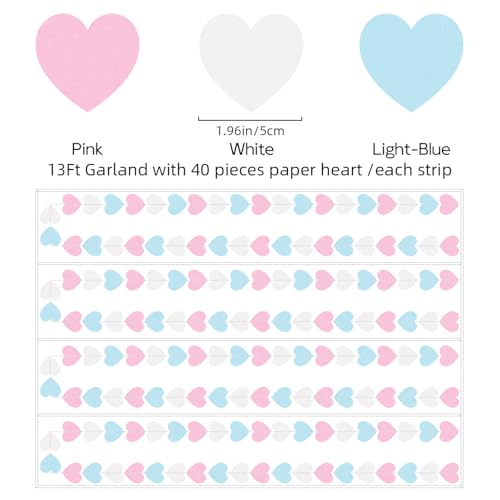 Blue Pink White Party-Decorations Gender-Reveal - 52Ft Paper Heart Garland Streamer Banner Birthday Decorations Baby Shower Decorations Gender Neutral Decorations Bridal Wedding