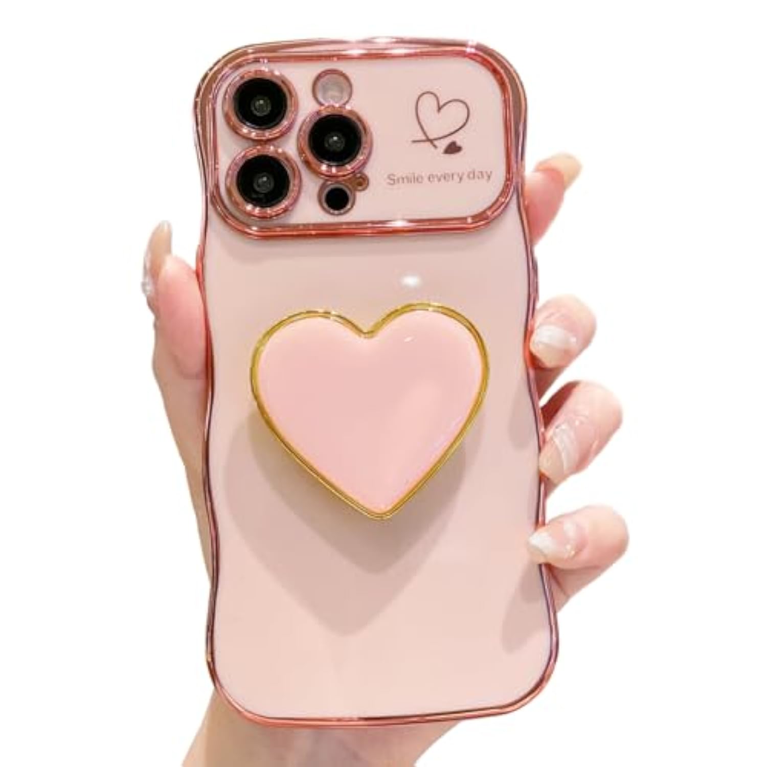 Compatible With Cute Iphone 16 Pro Max Case 6.9'', Pink Wave Frame Shape Phone Case With Love Heart Kickstand Raised Camera Protection Luxury Plating Shockproof Tpu Protective Cover For Women Girls