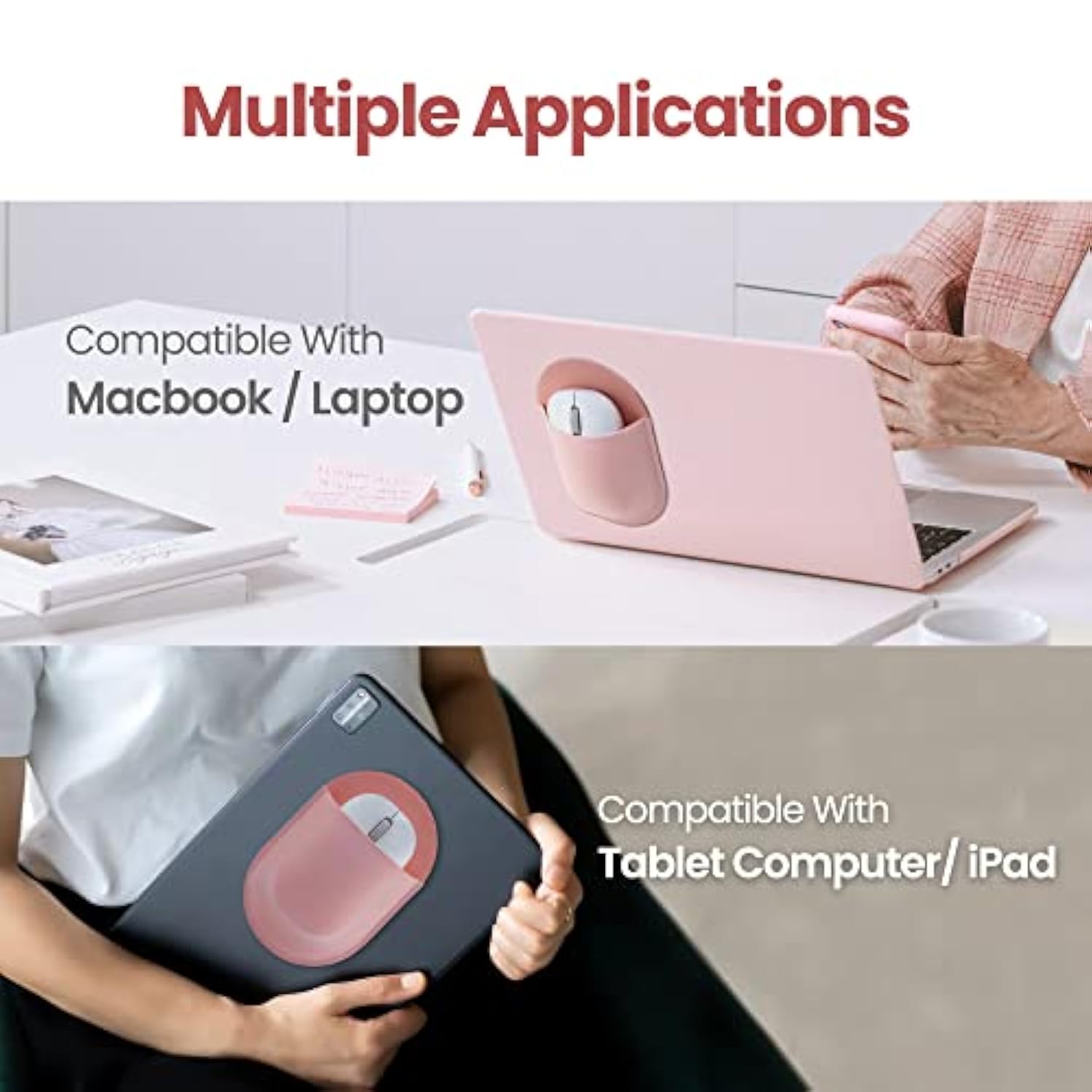 Stick-On Mouse Pouch, Universal Holder For Wireless Mice, Reusable Adhesive, No Glue Residue, Compatible With Ipad Or Macbook (Pink)