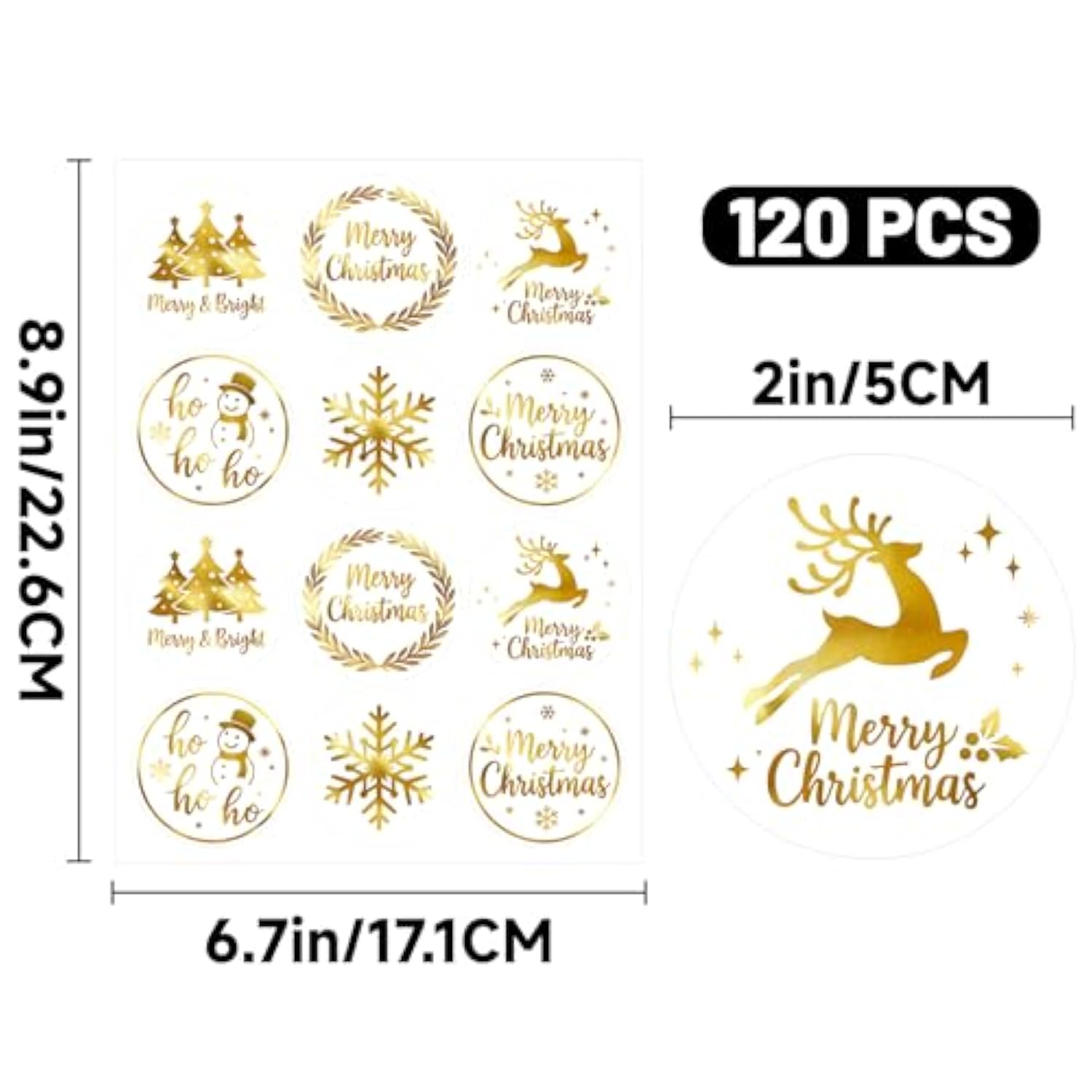 Merry Christmas Stickers - 2 Inch 120Pcs Gold Foil Holiday Stickers Merry And Bright Sticker Large Round Christmas Tree Snowflake Snowman Labels For Envelope Seals Cards Ornaments (White)