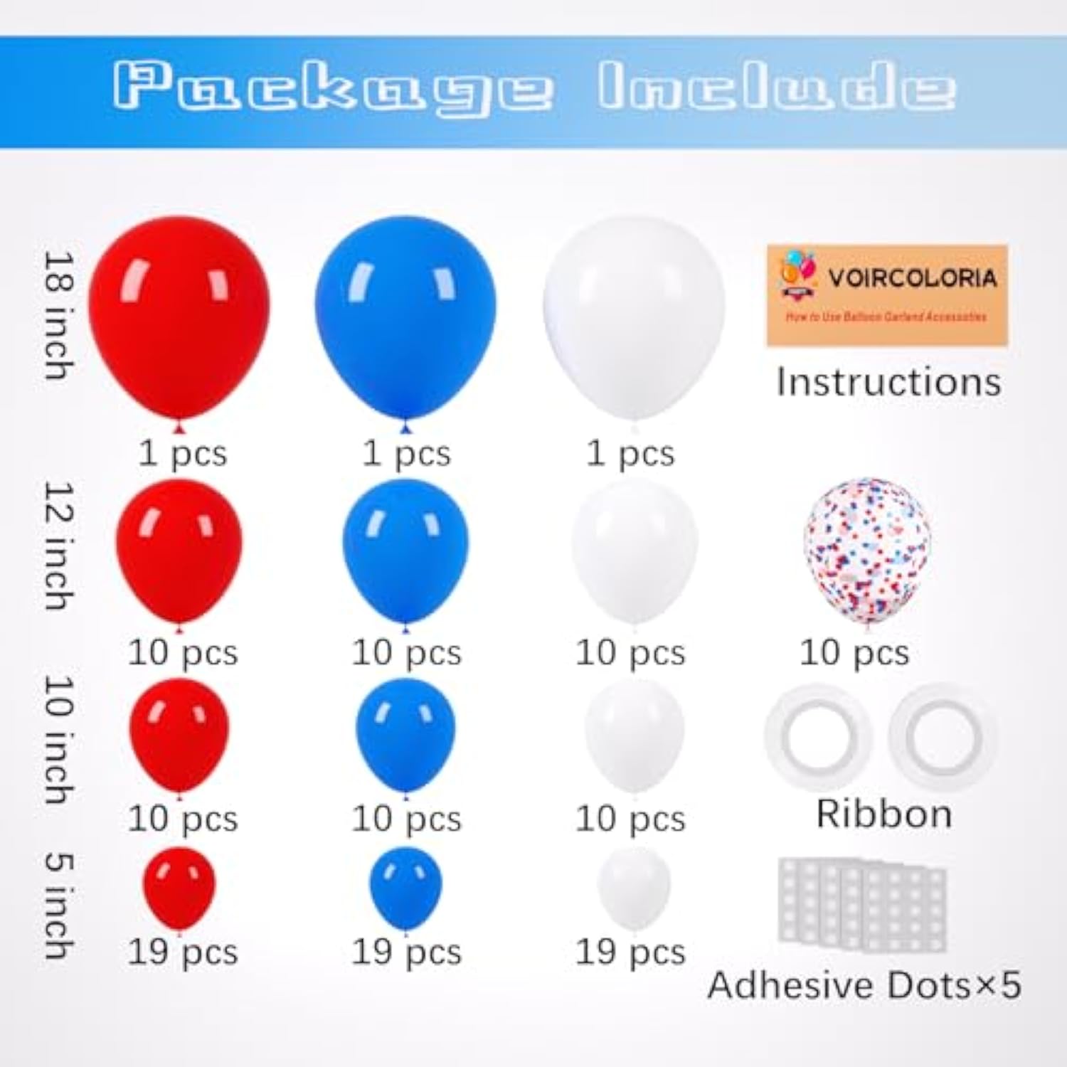 130Pcs Red White Blue Balloons Different Sizes 18" 12" 10" 5" Party Latex Balloons For Birthday Graduation 4Th Of July Independence Day Anniversary New Year Holiday Party Decorations
