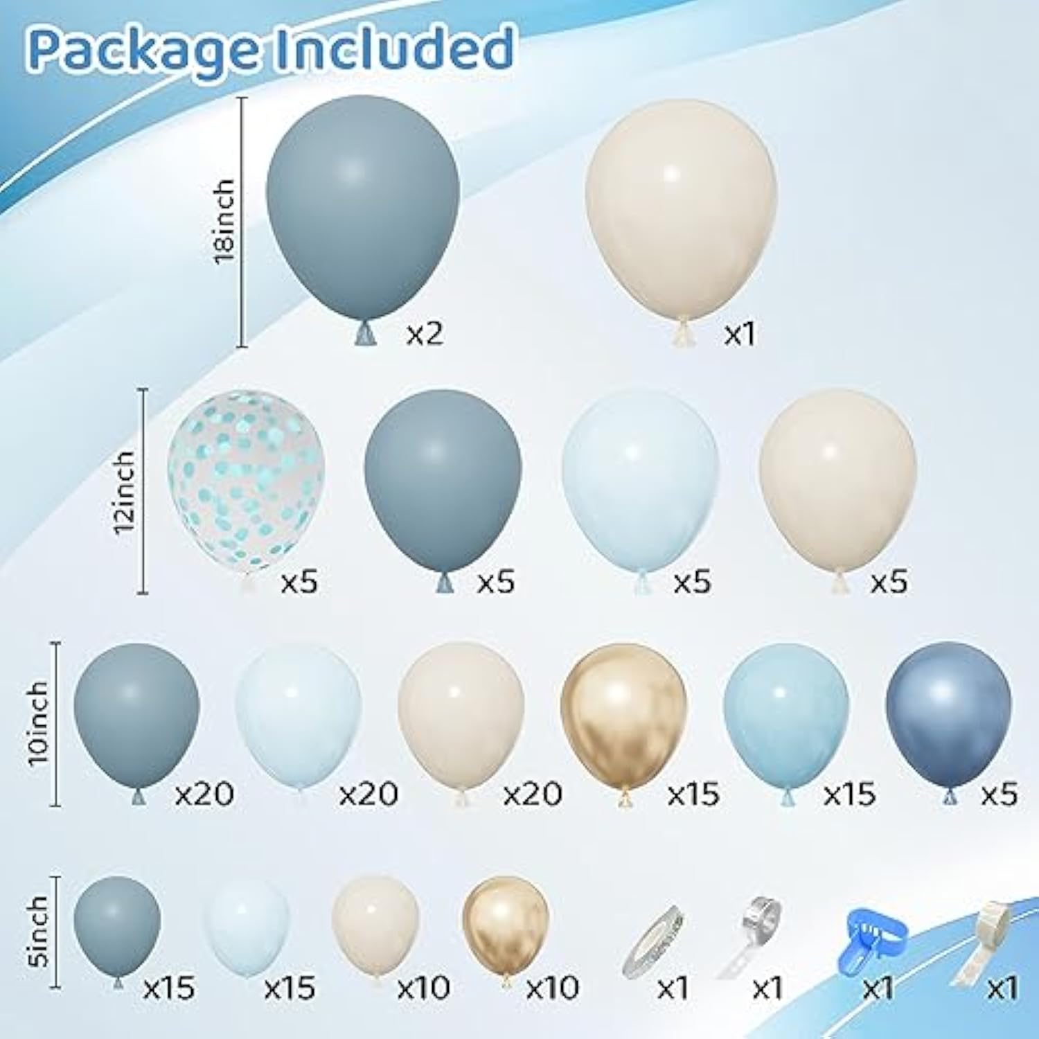 172Pcs Dusty Blue Balloons Arch Garland Kit, Dusty Baby Pastel Blue Chrome Gold Blue Sand White Confetti Balloon For Boy Baby Shower Decorations Bridal Shower Gender Reveal Birthday Party Supplies