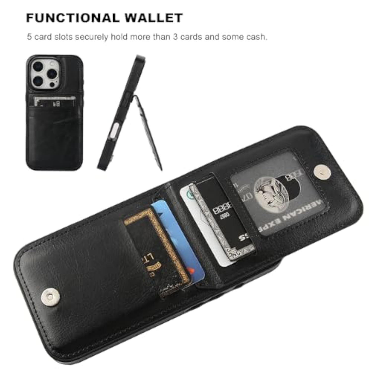 iPhone 16 Pro Wallet Case with Card Holder and Kickstand, Black