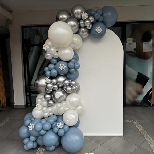 120PCS Winter Wonderland Balloon Arch Garland Kit, Dusty Baby Blue Slate Blue Silver White Snowflake Foil Balloons for Winter onederland Christmas Baby Shower Snow Princess Birthday Party Decorations