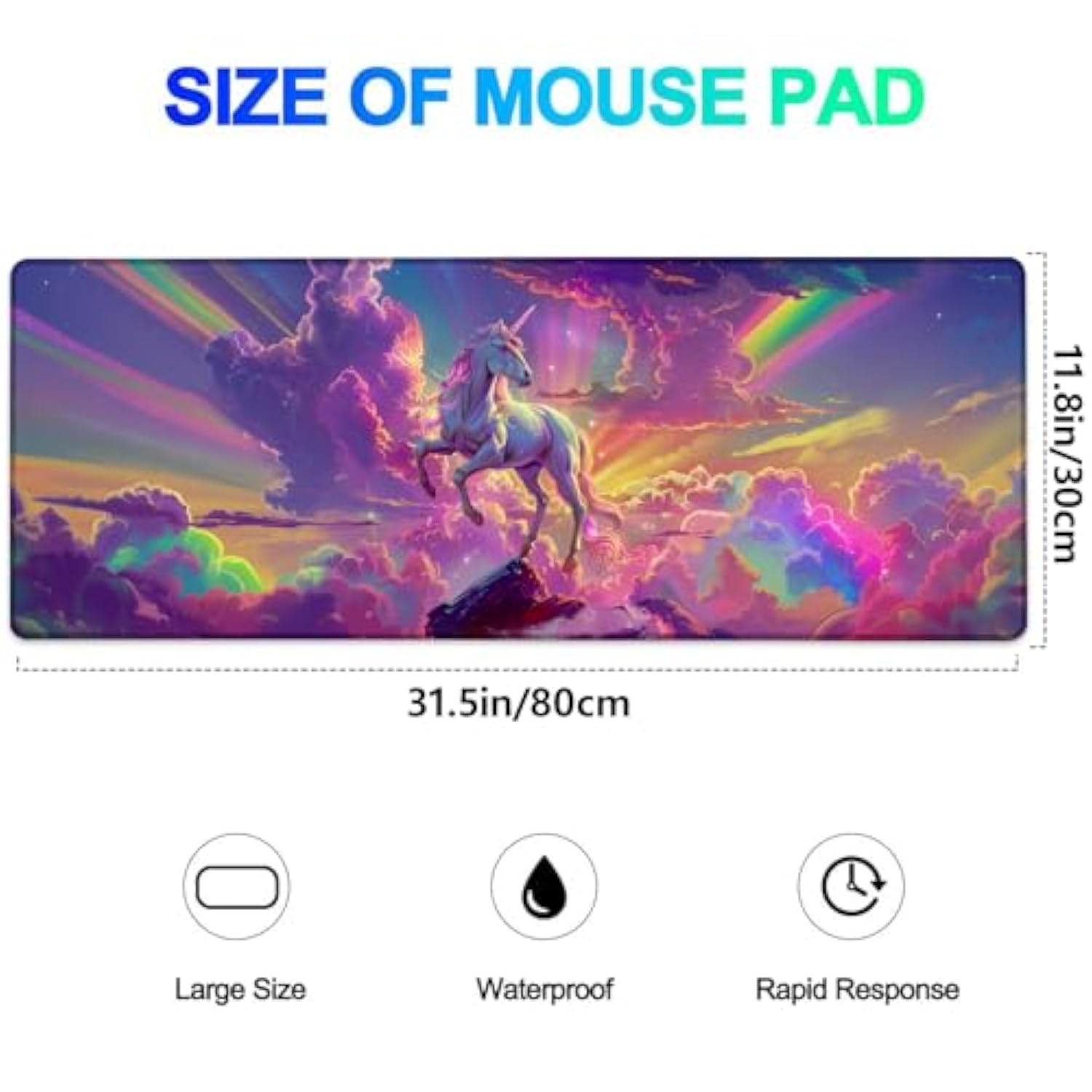 Majestic Unicorn Gaming Mouse Pad, Extended Unicorns And Rainbow Cloud Desk Mat Computer Laptop Mousepad, Robust Stitched Edges, 31.5"×11.8" Large Office Keyboard Mouse Pads For Desktop Decor