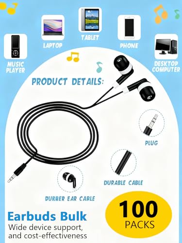 100-Pack Bulk Earbuds for Classroom & Library Individually Sealed Wired Headphones for School Students, Testing Centers & Training
