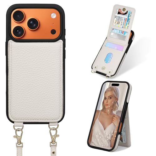Case for iPhone 17 Pro 6.3 inch, Crossbody Wallet Case Purse with RFID Blocking 3 Card Holders, Flip Folio Leather Cover with Lanyard Wristlet Strap