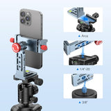Phone Tripod Mount Aluminum Alloy, 360° Rotatable Phone Stand Holder Clamp with Cold Shoe and Arca Base Compatible with iPhone 15 Pro Max Galaxy S24