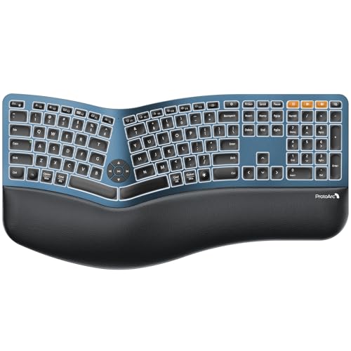 Backlit Bluetooth Ergonomic Keyboard, Ek01 Plus Full Size Wireless Split Keyboard With Dual Bluetooth And Usb, Cushioned Wrist Rest, Rechargeable, Compatible With Windows/Mac/Android, Blue
