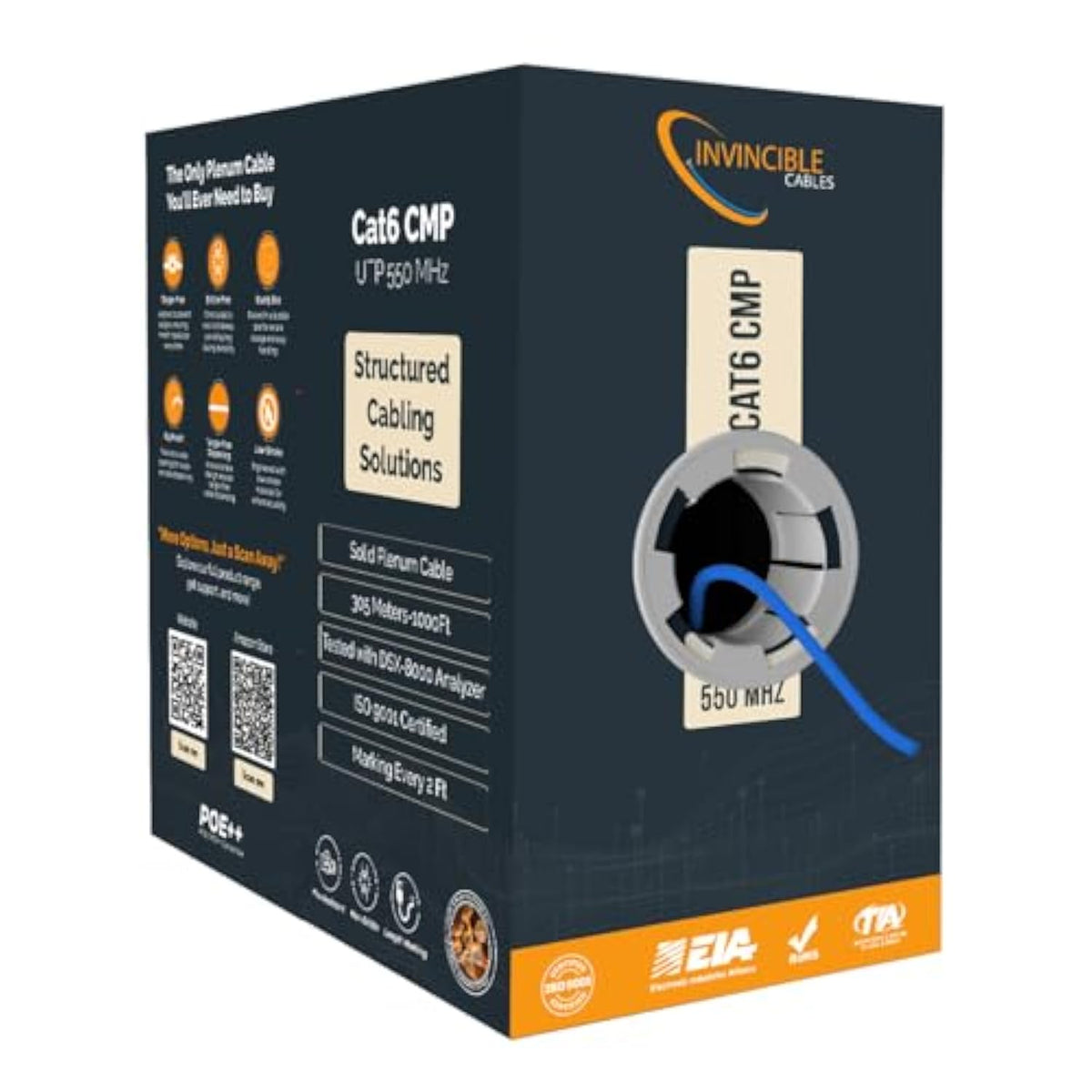 Cat6 Plenum (Cmp) 1000Ft Cable | 100% Solid Copper Conductors | 550 Mhz,23Awg