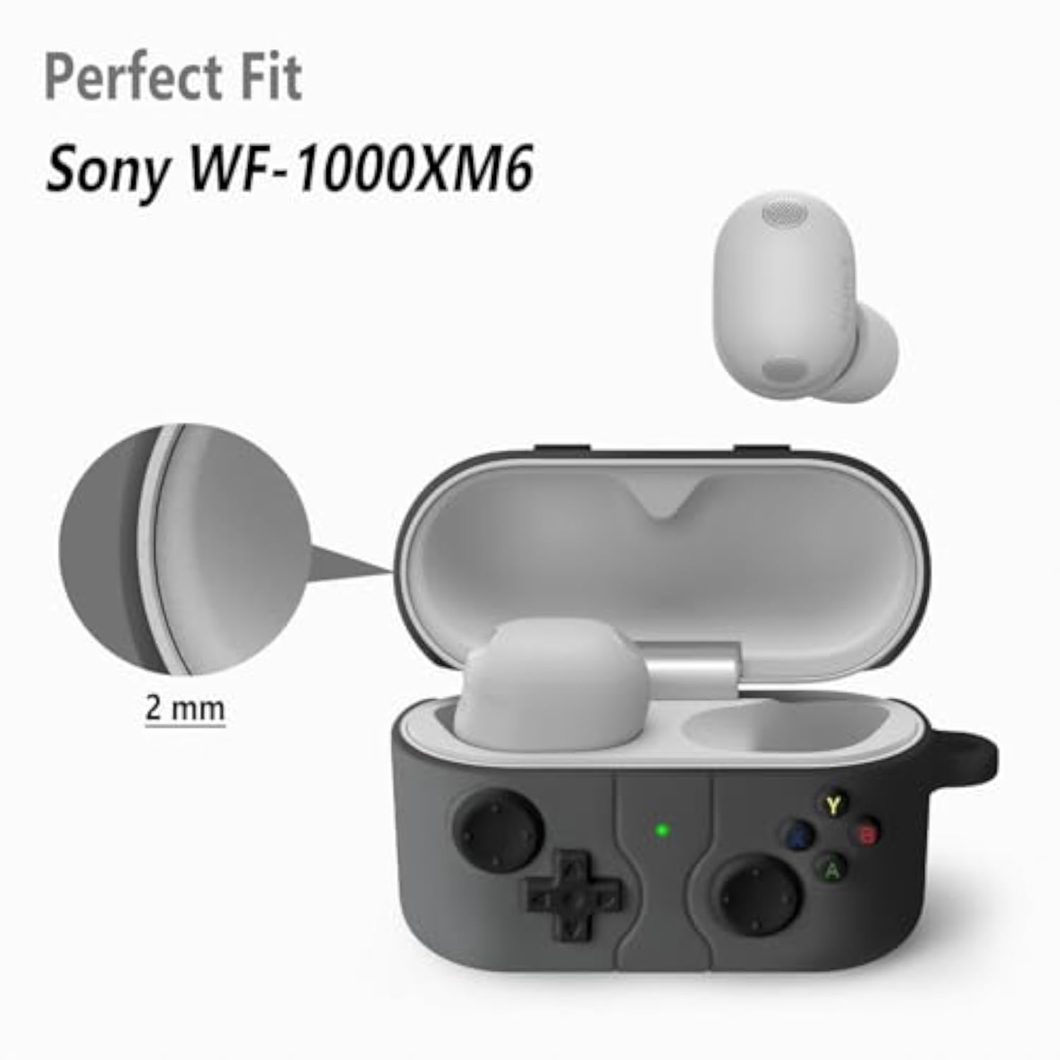 Funny Cartoon Design Silicone Case for Sony WF-1000XM6 Earbuds with Carabiner Dark Gray