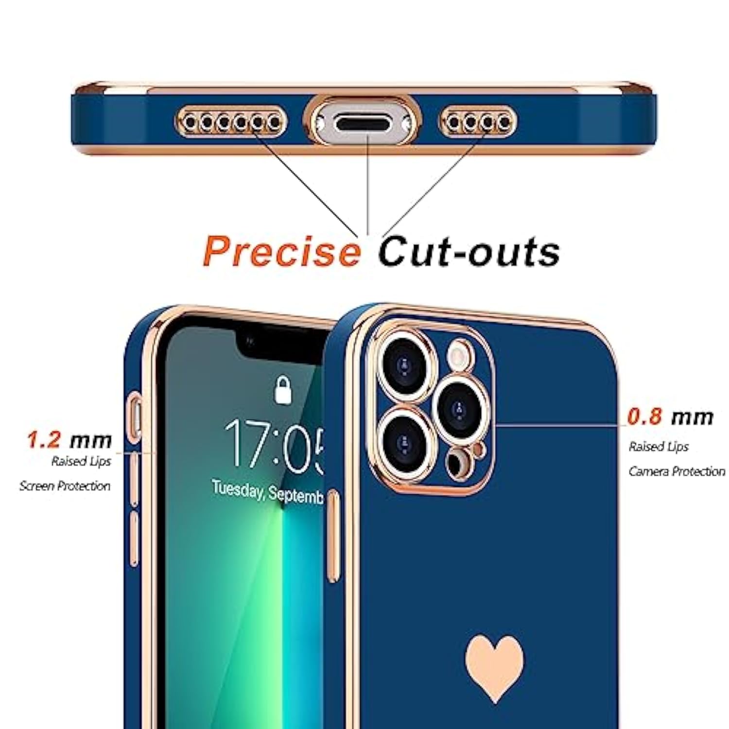 Compatible With Iphone 13 Pro Max Case For Girl Women Cute Love-Heart Luxury Bling Soft Cover Raised Camera Protection Bumper Silicone Shockproof Phone Case For Iphone 13 Pro Max, Royal Blue