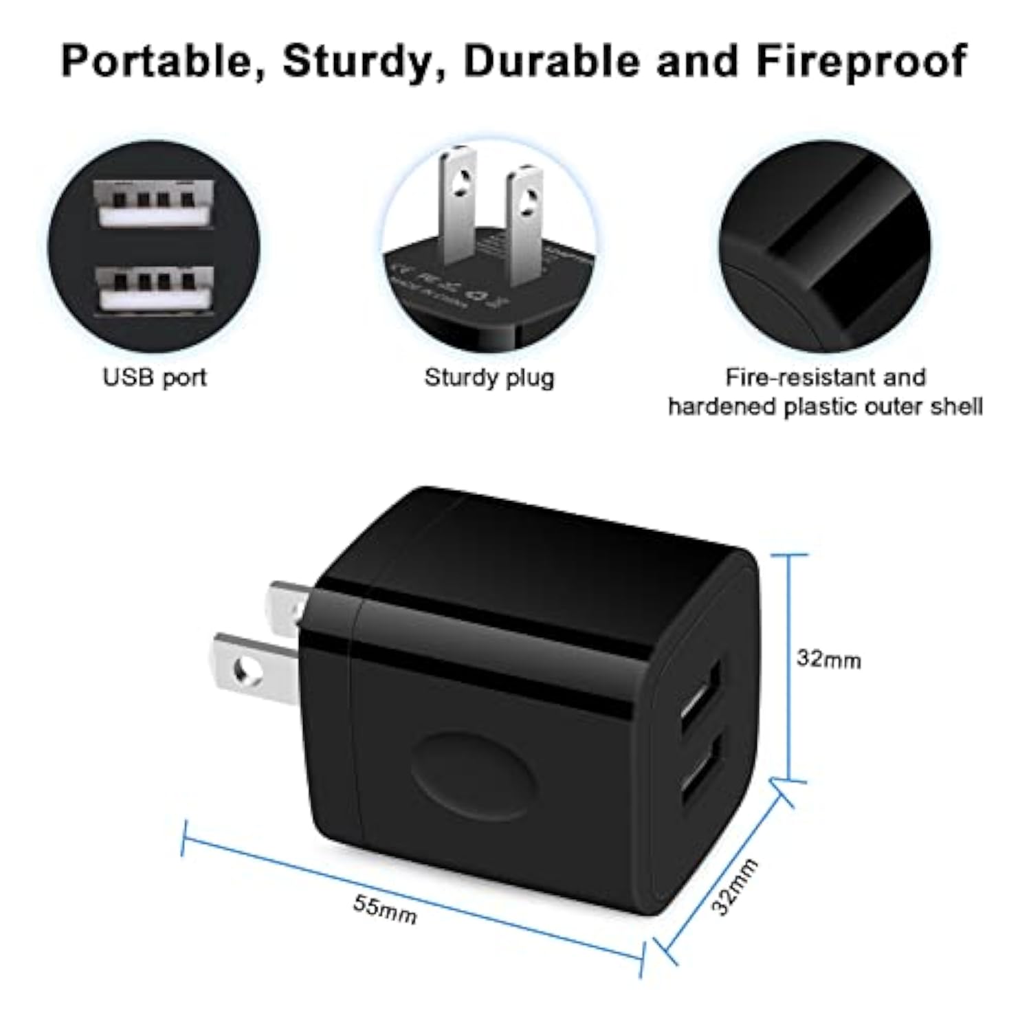 Black Usb Wall Adapter, Dual Port 2.1A Fast Wall Charger Brick Base Cube Usb Plug Outlet Phone Box Double Charging Block For Iphone 17 Air Pro Max 16E 16 15 14 13 12 11 Xs Max Xr X 8 7 6, Pad, Samsung