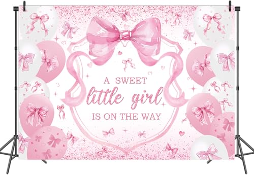 Pink Bow Baby Shower Backdrop for Girls 7x5FT A Sweet Little Girl is On His Way Banner Background Welcome Baby Girl Baby Shower Party Decorations Supplies Photo Props
