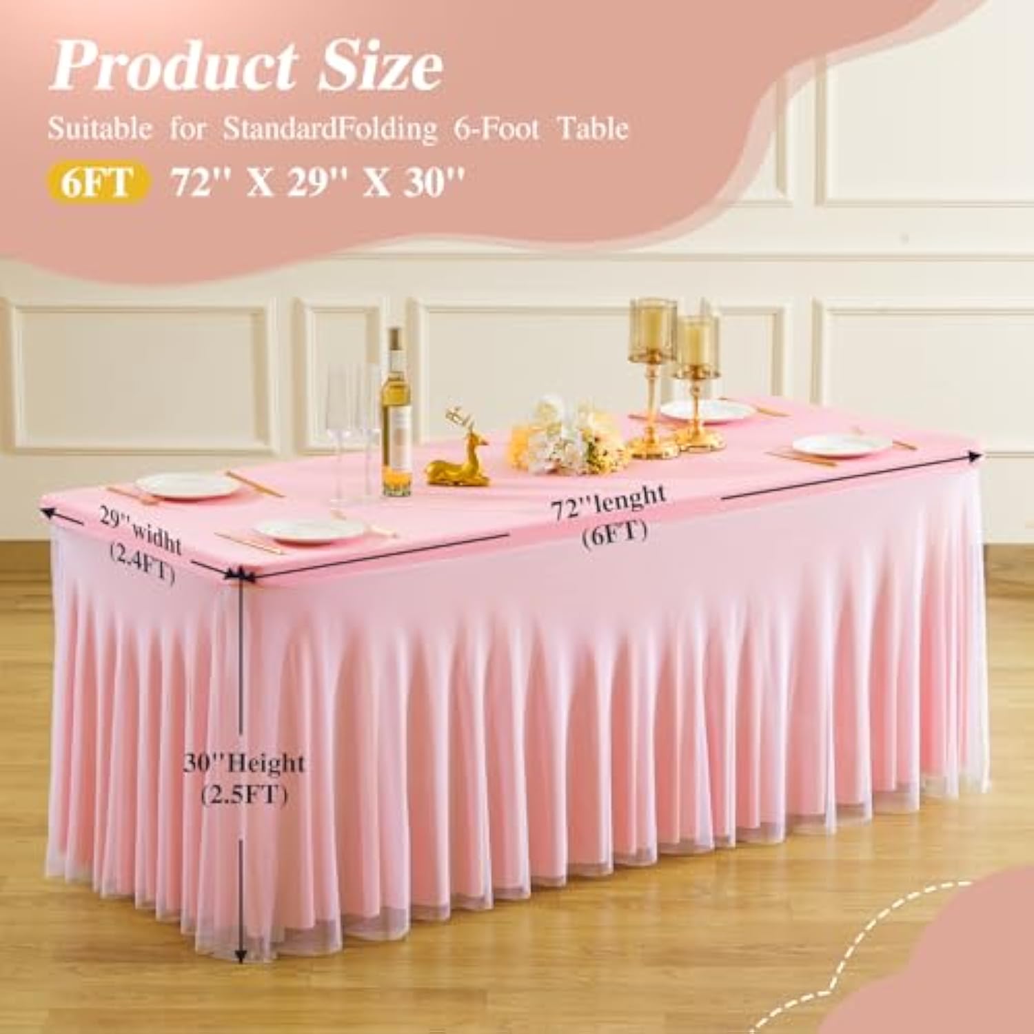 Pink Tablecloths 6 Foot Rectangle Tables, Spandex Fitted Tablecloth Stretch Table Cover With Tulle Skirt For Baby Shower Birthday Party Wedding Banquet Dessert Table Decorations