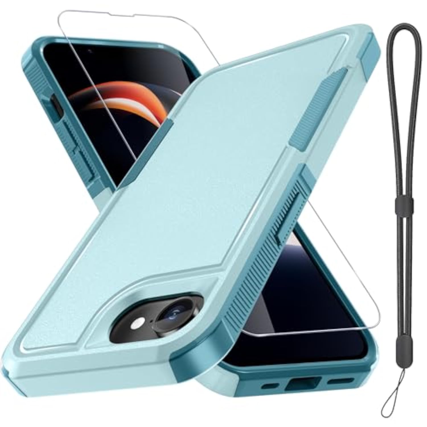Mint Green Heavy Duty Shockproof Phone Case for iPhone 16e and iPhone 17e with Screen Protector and Wrist Lanyard Strap