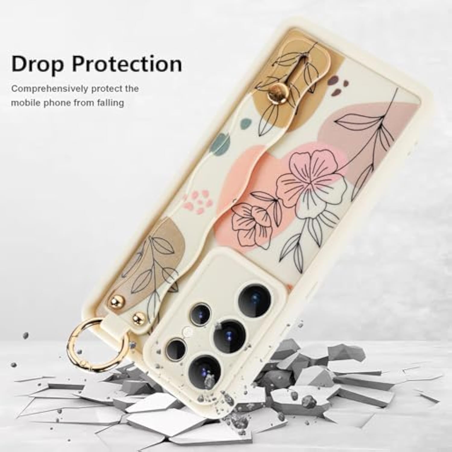 Silicone Case For Samsung Galaxy S25 Ultra With Strap, Cute Flower Floral Phone Case For Girl Women, Adjustable Finger Strap Shockproof Protective Cover, Beige Flowers