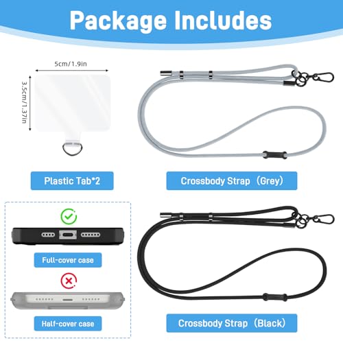 2 Pcs Phone Lanyard Crossbody (Black & Gray)  Anti Theft Phone Strap 6Mm, Neck Strap For Women Men Compatible With Smartphones Iphone, Cell Phone Lanyard Accessories With 2 Plastic Patches