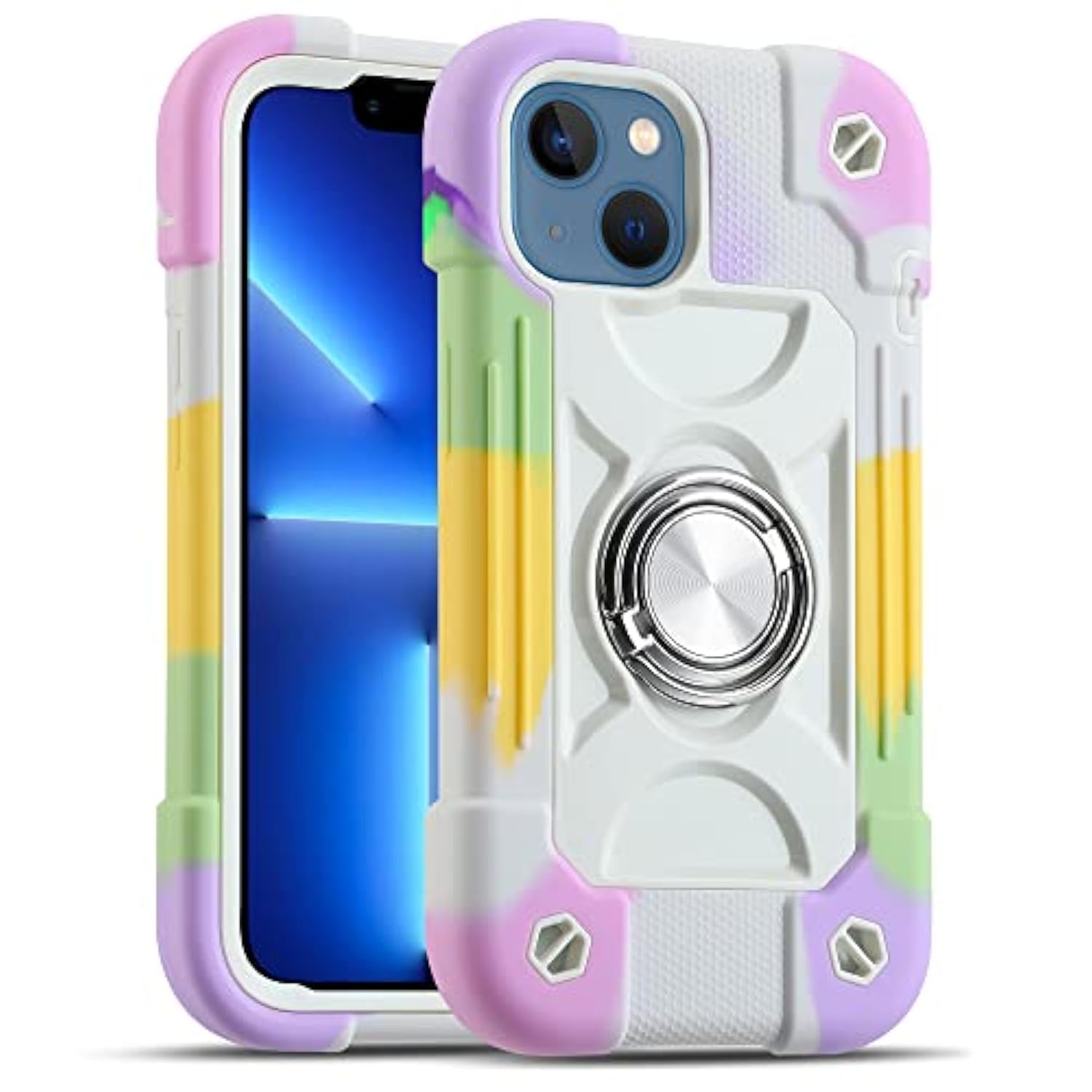 Compatible with iPhone 14 Case/iPhone 13 Case 6.1 Inch with Built-in 360°Rotating Ring Stand, Military Grade Drop Protection Full Body Rugged Heavy Duty Protective Cover