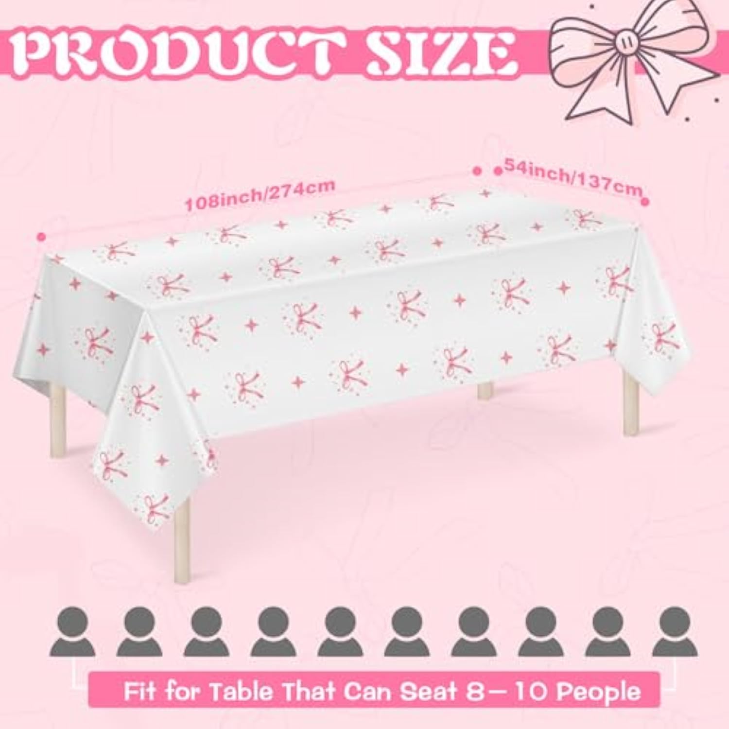 3 Pcs Pink Bow Tablecloths, 54x108", Waterproof Covers for Party & Shower Decor
