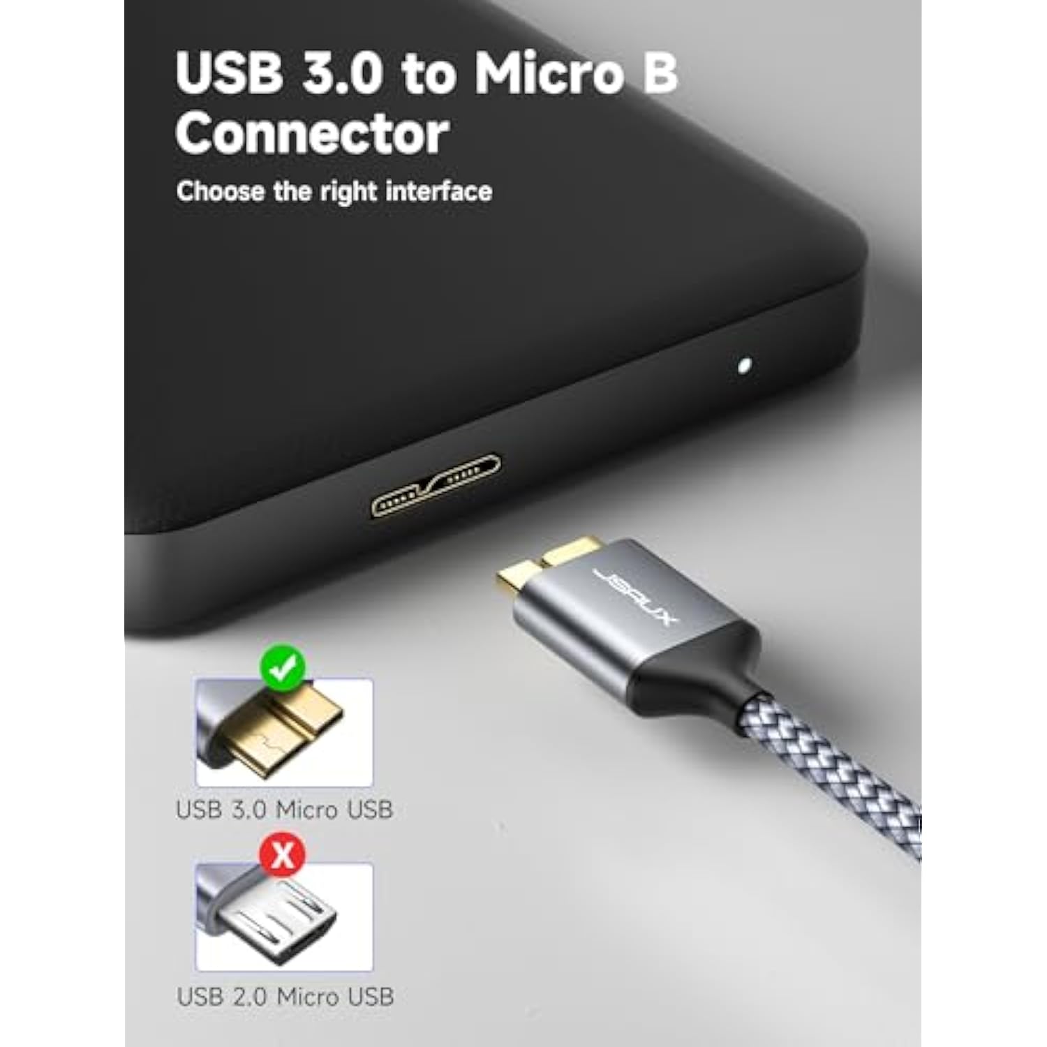 Micro Usb 3.0 Cable [2 Pack, 3.3Ft+6.6Ft], Usb 3.0 A To Micro B Cord External Hard Drive Cable Nylon Braided For Samsung S5/Note 3/Pro 12.2, Camera, Western Digital, Toshiba, My Passport-Grey