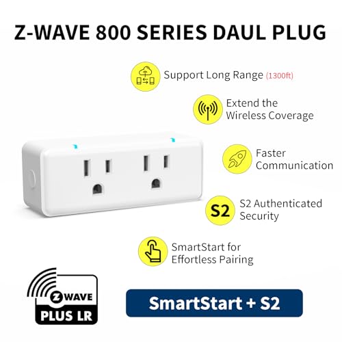 800 Series Zwave Dual Outlet Plug, On/Off Z-Wave Repeater Switch With 2 Individual Control Sockets, Hub Required, Z Wave Lr Smart Plugs Compatible With Smartthings, Hubitat, Fibaro (Mp26Z)