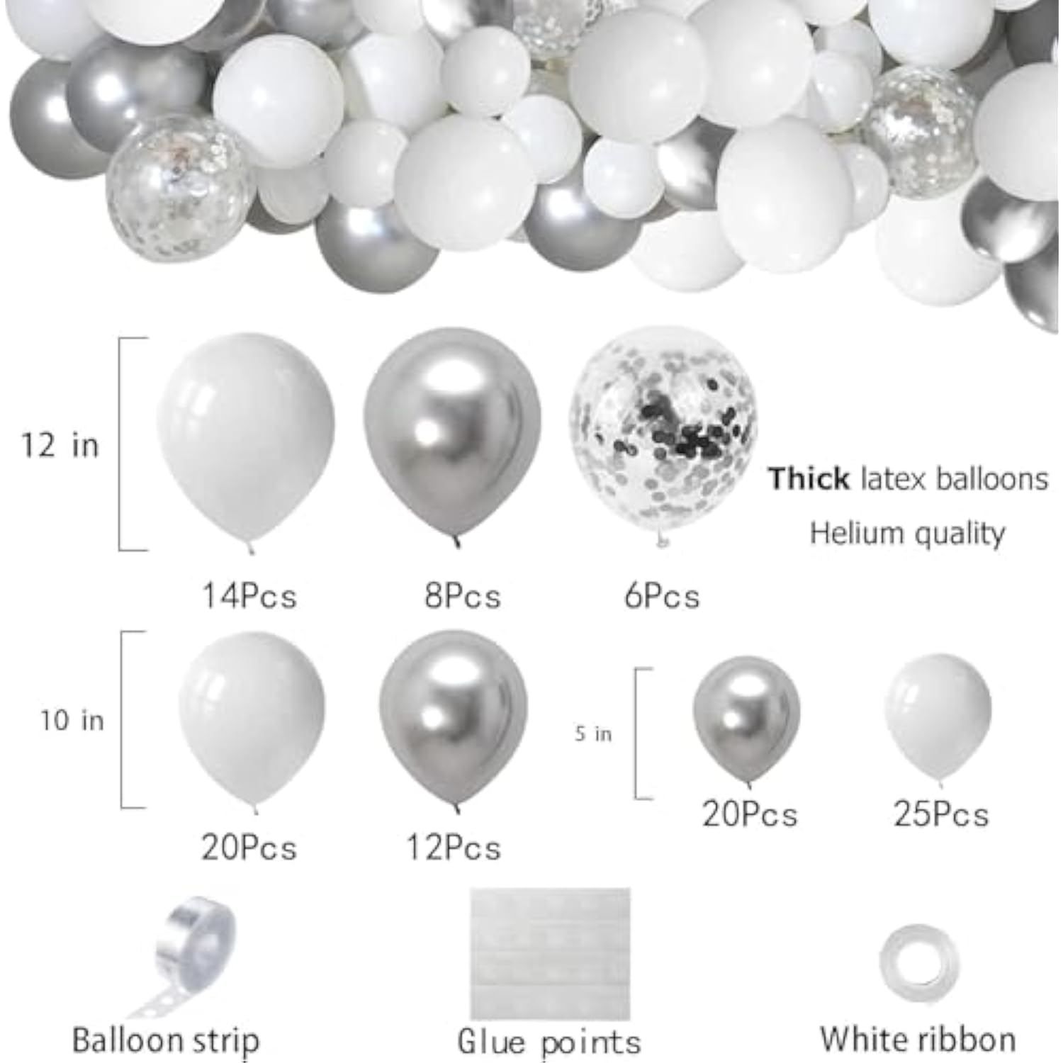 White And Silver Balloons Garland Arch Kit 5” 10 Inch 12” White Silver
