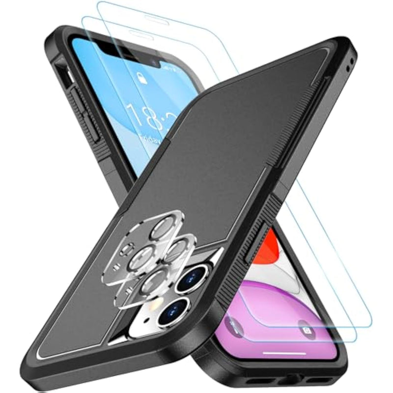 Shockproof For Iphone 11 Case,[10 Ft Military Grade Drop Protection],With 2 Pcs[Tempered Glass Screen Protector+Camera Lens Protector] Heavy Duty Full-Body Protective Phone Case, Black