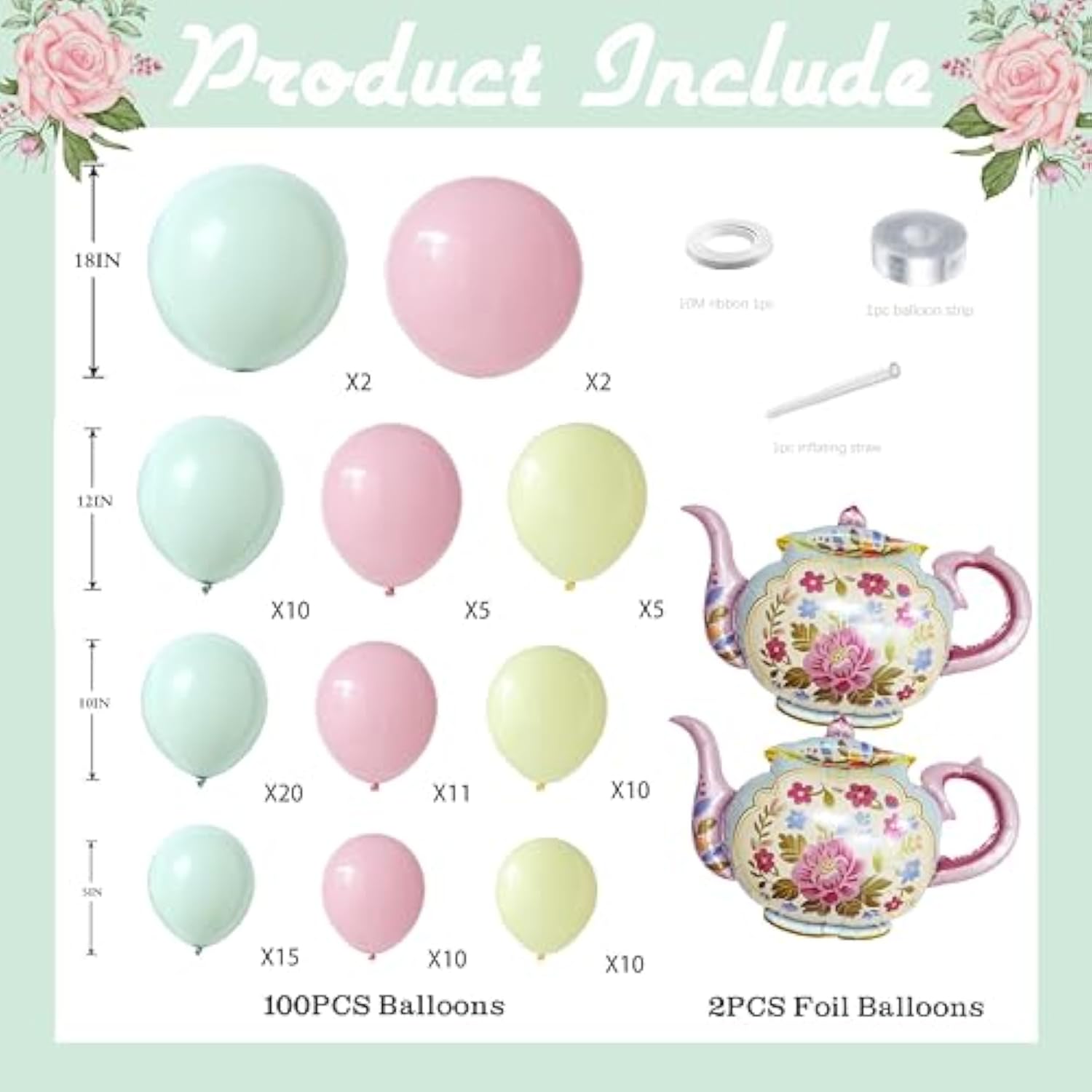 102Pcs Tea Party Decorations Balloon Garland Arch Kit With 2 Giant Floral Teapot Foil Balloons, 18/12/10/5 Inch Sage Green Dusty Pink Cream Latex For Girls Birthday,Garden Bridal Shower