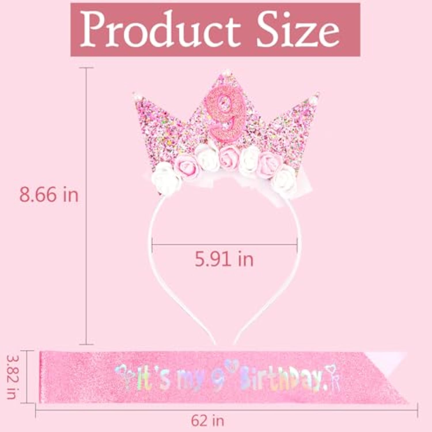 9Th Birthday Decorations For Girls, Birthday Girl Headband & Glitter Sash Set For 9 Year Old Girl Birthday Decorations, Birthday Flower Princess Crown Headband For Happy 9Th Birthday Girl Outfit