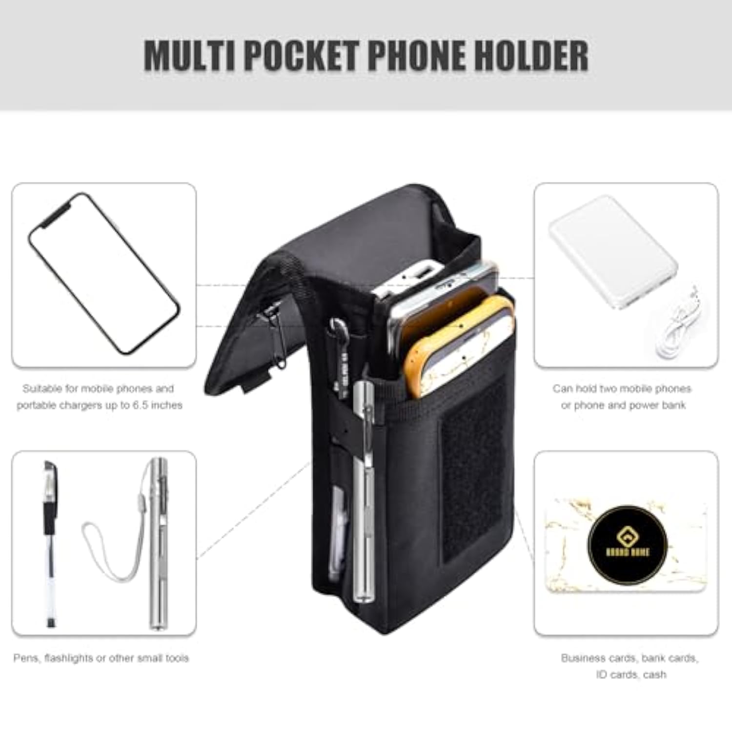 Dual Phone Holster,Belt Phone Pouch, Large Smartphone Pouch Cell Phone Holder, Multi-Purpose Tactical Cell Phone Holder For Work, Hiking, Camping, Barbecue, Rescue (Black)