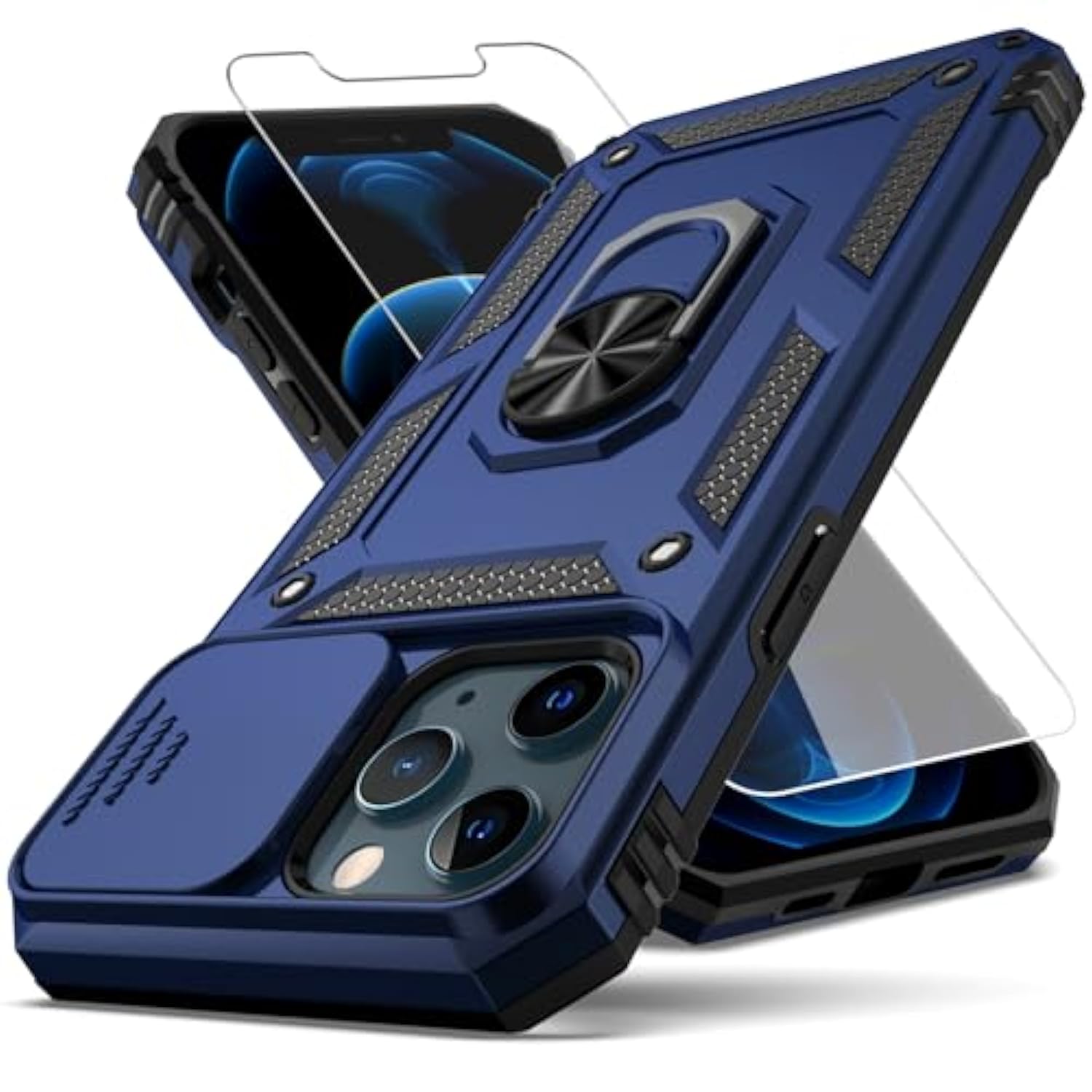 iPhone 12 Pro Max Case with Camera Cover Screen Protector Kickstand Blue