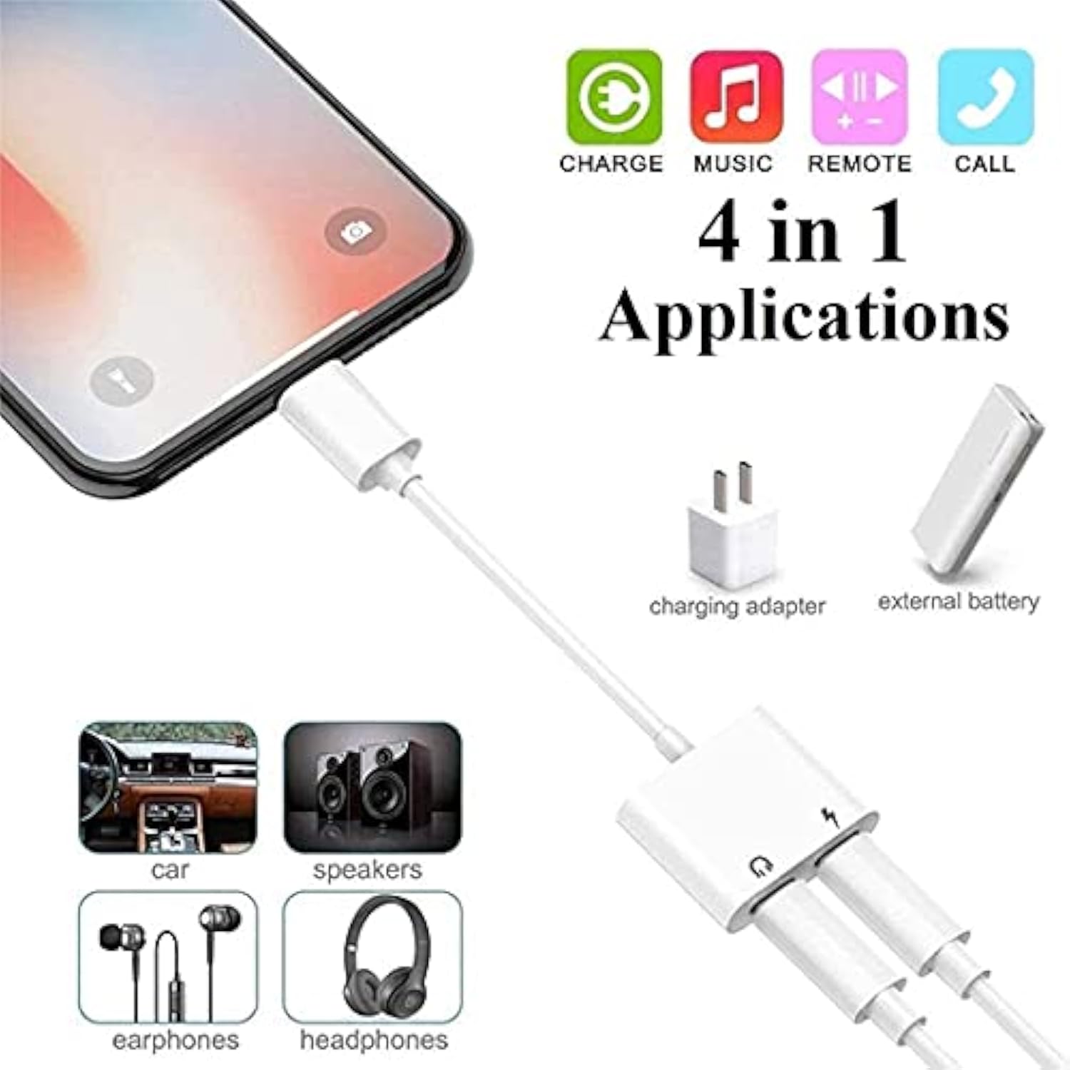 [Apple Mfi Certified] 2Pack Iphone Lightning To 2 Lightning Adapter, Dual Lightning Aux + Charger Adapter Dongle Cable Splitter Compatible For Iphone 12/11/Se/X/Xr/Xs/8/7/6 Support Call + Charging