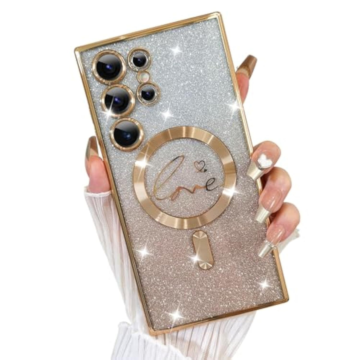 Designed For Samsung Galaxy S24 Ultra Case,Compatible With Magsafe Love Heart Plating Camera Protection Clear Glitter Magnetic For Women Girls Shockproof Phone Cover Bumper 6.8"-Gold