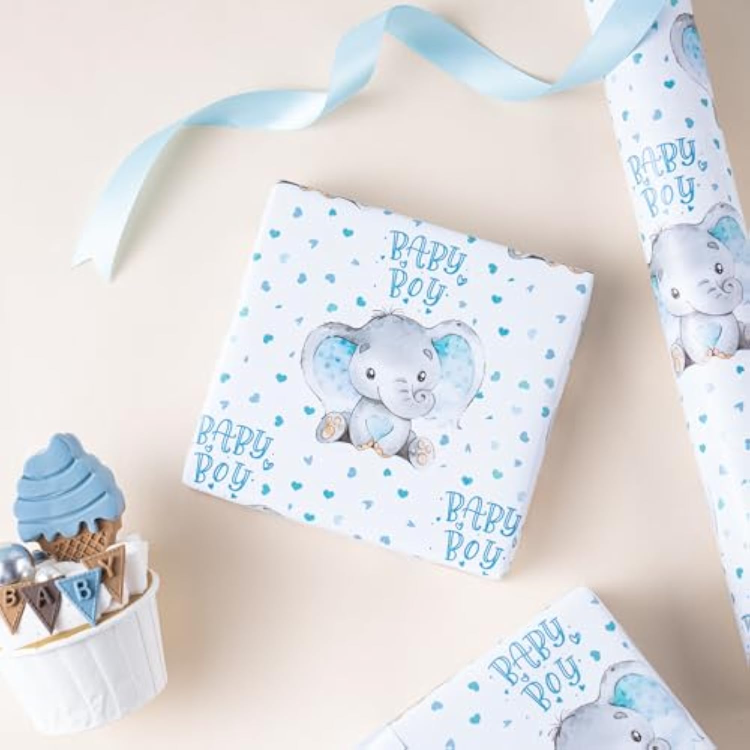 Baby Boy Wrapping Paper - Mini Roll - 17 Inch X 33 Feet - Adorable Blue Elephant Design For Baby Shower, Party, Holiday