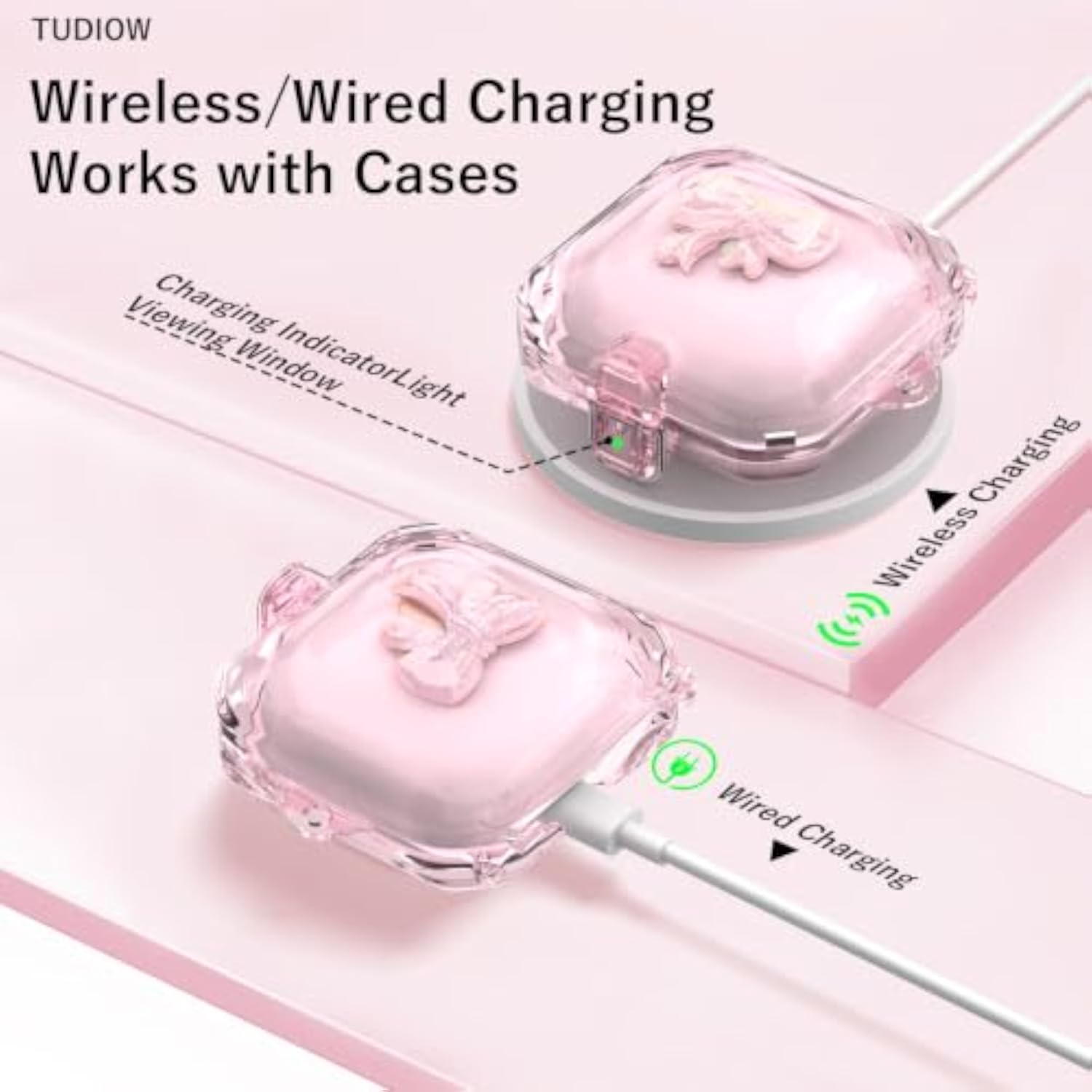 Clear Pink 3D Bow Case for 2021 Beats Fit Pro, Secure Lock Protection