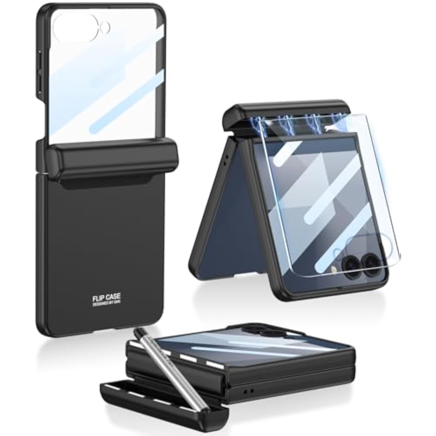 For Samsung Galaxy Z Flip 7 Case With S Pen,Slim Pc All-Inclusive Shockproof Cover With Magnetic Hinge Protection + Tempered Glass Screen Protector For Samsung Galaxy Z Flip 7 5G (Black)