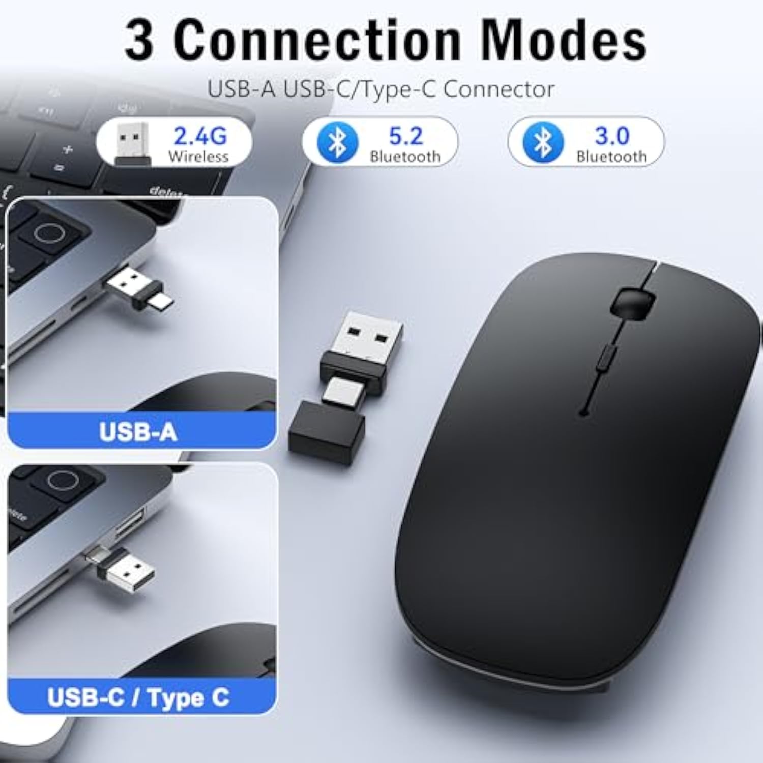 Bluetooth Wireless Mouse For Macbook Air Pro Mac Laptop Ipad Phone, Type C Rechargeable Silent Mice With Jiggler Mouse Mover 4 Mode Bluetooth 5.2/3.0 & 2.4G Usb-A & Usb-C Receiver- Black